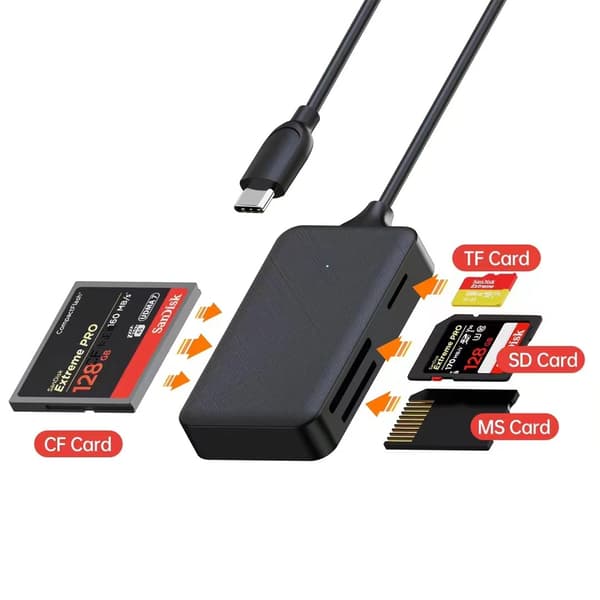Hukommelseskortlæser, 4-i-1 USB-C til SD Micro SD MS CF Kortlæser Adapter