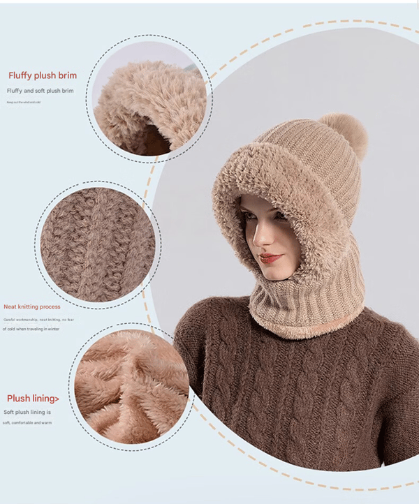 Stickad dammössa med ullfoder, vinterscarf, maskset, snömössa, plyschiga hörselmuffar, skullmössa med pompom