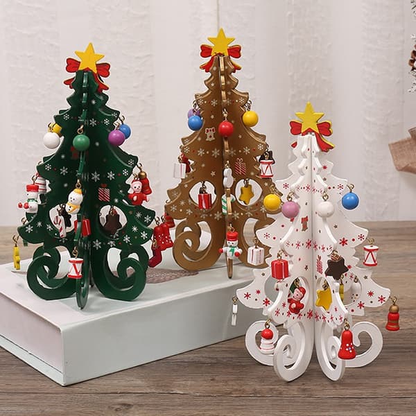 1 sæt 6-panel træ mini juletræ + komplet sæt ornamenter, højde 19cm bundbredde 14cm