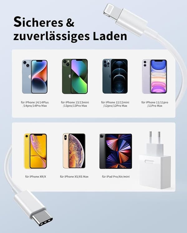 iPhone Hurtigoplader USB C Strømadapter 20W + 1,5m Kabel (Hvid)