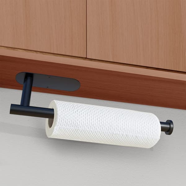Papirhåndklædeholder til underskab, vægmonteret rustfrit stålstang, selvklæbende design, 33 cm længde, elegant sort finish