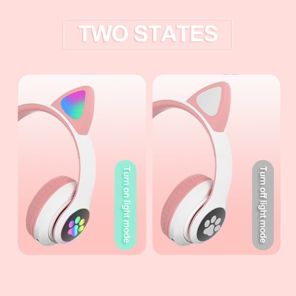 Foldbare trådløse øretelefoner, katteøre design, Bluetooth 5.0, håndfri, HiFi lyd, stereo bas, LED. Pink