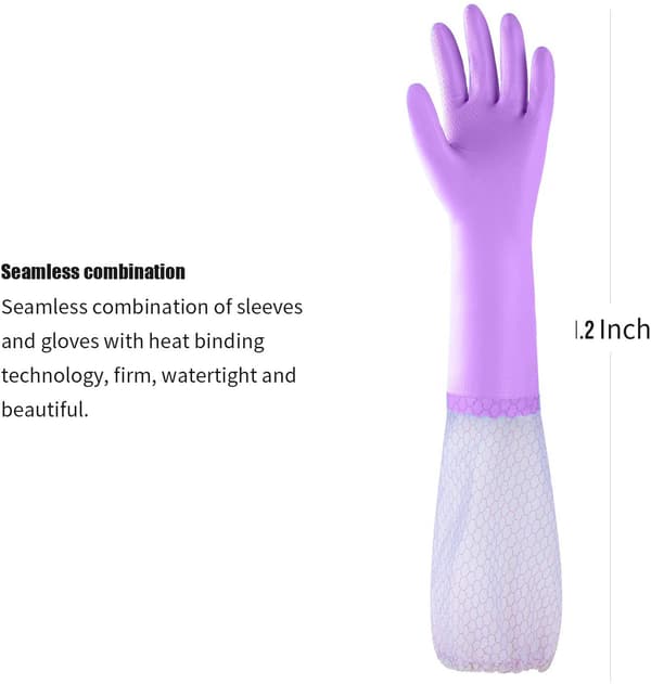 Återanvändbara diskhandskar utan latex, lång mudd, bomullsfoder, kökshandskar 2 par (lila+blå, medium)