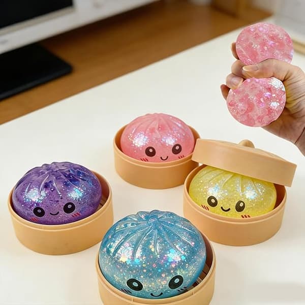 Glittriga Squishy Dumpling-leksaker med ångkorg, mjuk klämbar stresslindrande sensorisk leksak