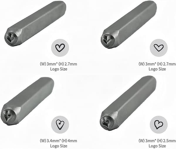 9 stk. hjerteformede metalstempler, stålstempler til smykkestempling