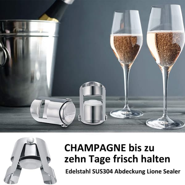 3 stk. champagnekork i rustfrit stål og silikone, til prosecco og mousserende vin