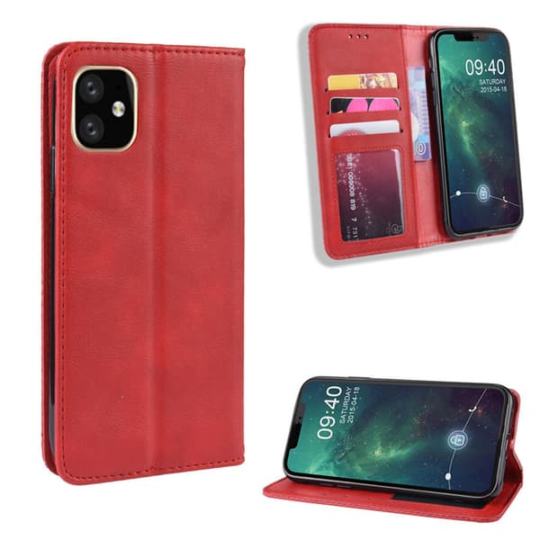 iPhone Wallet Flip Cover - Vælg Farve Læder Cover Red 15 Plus
