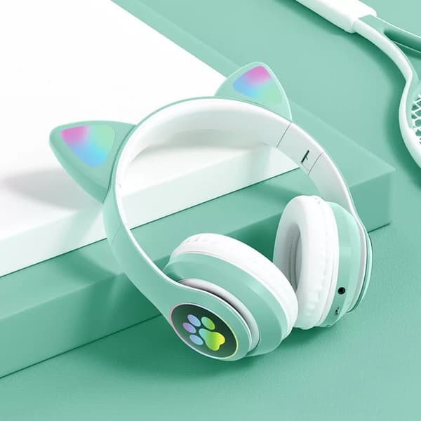 Foldbare trådløse øretelefoner, katteøre design, Bluetooth 5.0, håndfri, HiFi lyd, stereo bas, LED. Green