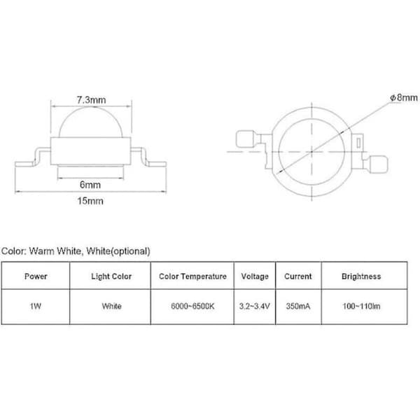 Fullspektret LED-vekstlys, 1W LED-diode (rent hvit 6000K)