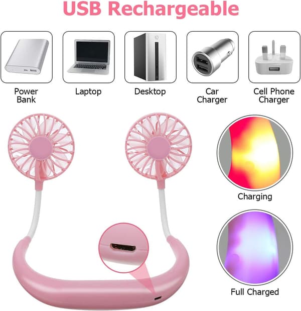 Halsventilator, Gsedaox, ABS, 3 hastighedstrin, LED, USB, Hvid/Pink