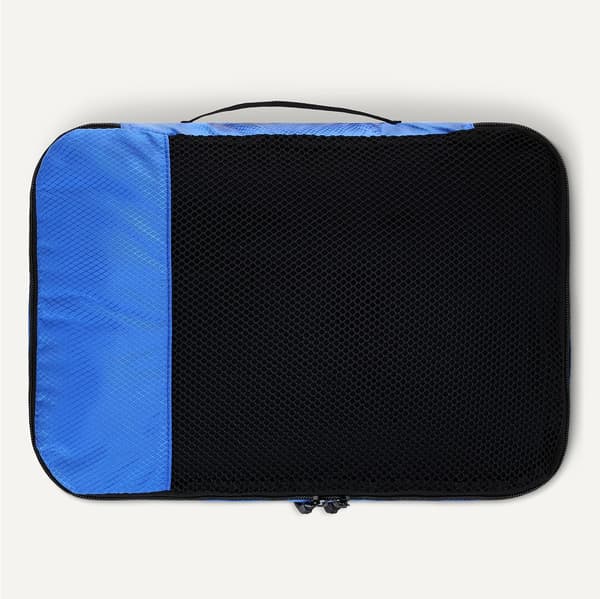 4-delt pakke-terningsæt til rejser, bagageorganisator med dobbelt lynlås, mesh-top, polyester, 2 mellem/2 store, blå (tidligere Amazon Basics)