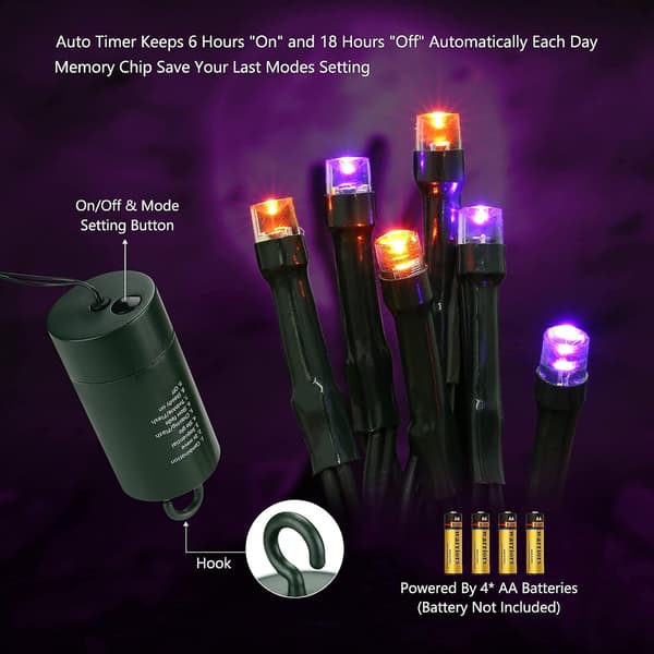 Batteridrevne orange lilla Halloween-lys, 20 meter 200 LED