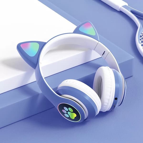 Foldbare trådløse øretelefoner, katteøre design, Bluetooth 5.0, håndfri, HiFi lyd, stereo bas, LED. Blue