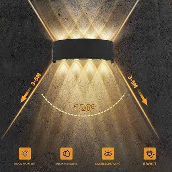 8W LED Væglampe, Op & Ned Belysning, 3000K Varm Hvid, til Stue & Garage