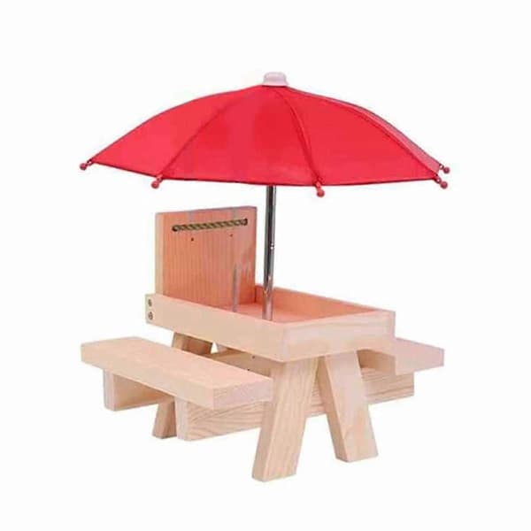 Egernfoderhus picnicbord med parasol, træegernfoderhus til udendørs brug, sødt jordegernfoderhus + solid struktur B o