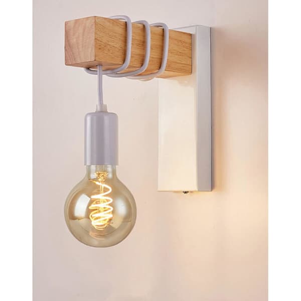 Moderne vegglampe i metall og tre (hvit), interiørbelysning, dobbel E27
