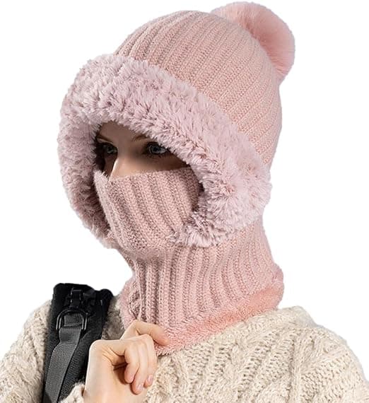 Stickad dammössa med ullfoder, vinterscarf, maskset, snömössa, plyschiga hörselmuffar, skullmössa med pompom