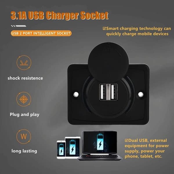 12V USB Panelmontering for 12V USB-uttak, Dobbel USB-portadapter, Skruesett, 3.1A Vanntett DC12V/24V Billader Plugg Strømadapter