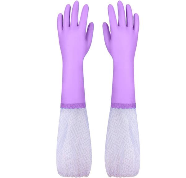 Återanvändbara diskhandskar utan latex, lång mudd, bomullsfoder, kökshandskar 2 par (lila+blå, medium)