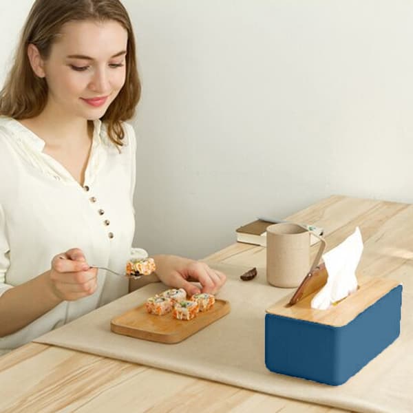 Trä Tissue Box Omslag för Pappers Ansiktservetter, Rektangulär Tissue Box Hållare i Trä, blå