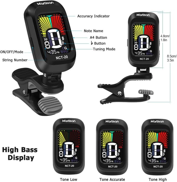 Kromatisk clip-on tuner til guitar, bas, violin, ukulele