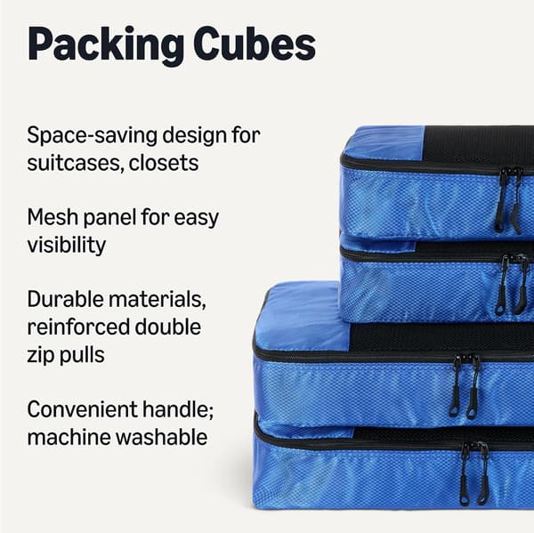 4-delt pakke-terningsæt til rejser, bagageorganisator med dobbelt lynlås, mesh-top, polyester, 2 mellem/2 store, blå (tidligere Amazon Basics)
