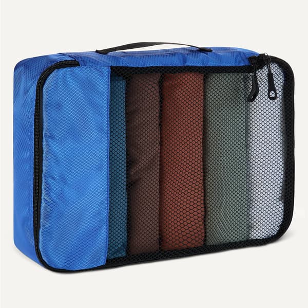 4-delt pakke-terningsæt til rejser, bagageorganisator med dobbelt lynlås, mesh-top, polyester, 2 mellem/2 store, blå (tidligere Amazon Basics)