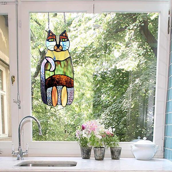 Skør Kat Glasmaleri Panel, Vindues Solfanger, Vinduesdekoration