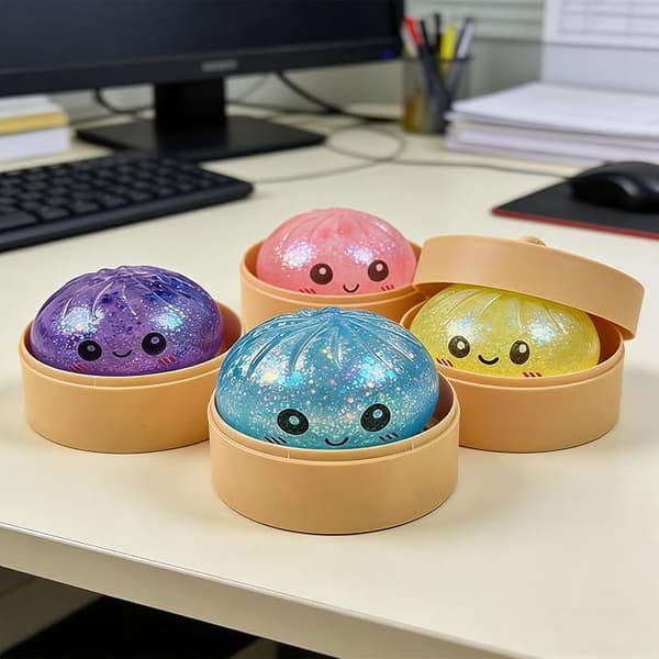 Glittriga Squishy Dumpling-leksaker med ångkorg, mjuk klämbar stresslindrande sensorisk leksak