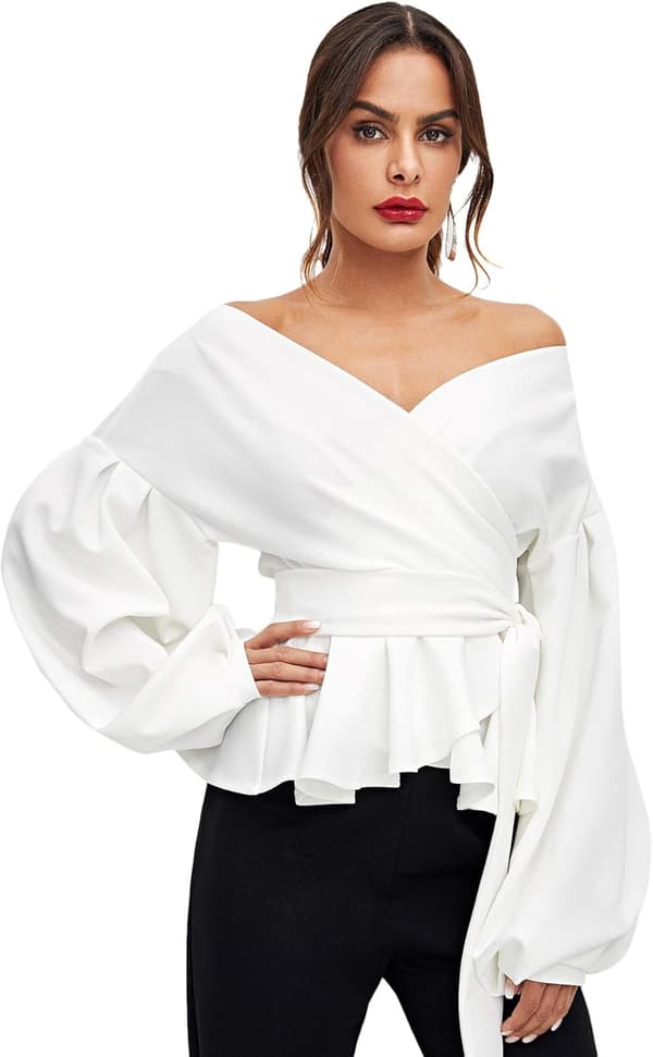 Langærmet V-hals flæsebluse til kvinder, Off Shoulder bindebånd i taljen, wrap-toppe, Small