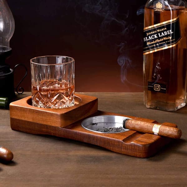 Cigarr Askkopp Whiskey Glasunderlägg 2 i 1, av trä