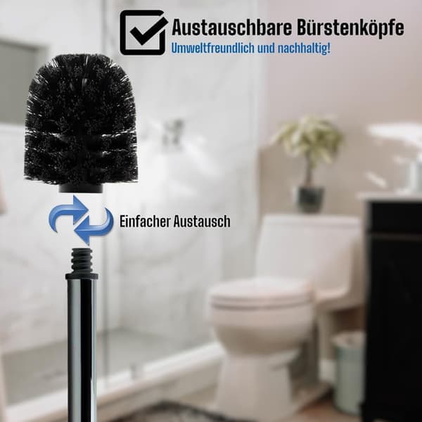 3 x Erstatnings WC-børstehode Ø ca. 7 cm + 1 x Rustfritt stål-håndtak 25,5 cm