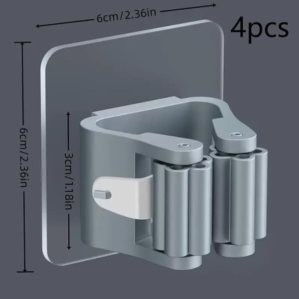 Mopphållarkrokar (4-pack) — Väggmonterad, ingen borrinstallation, starkt lim — Förvaringskrokar för badrum — Grå