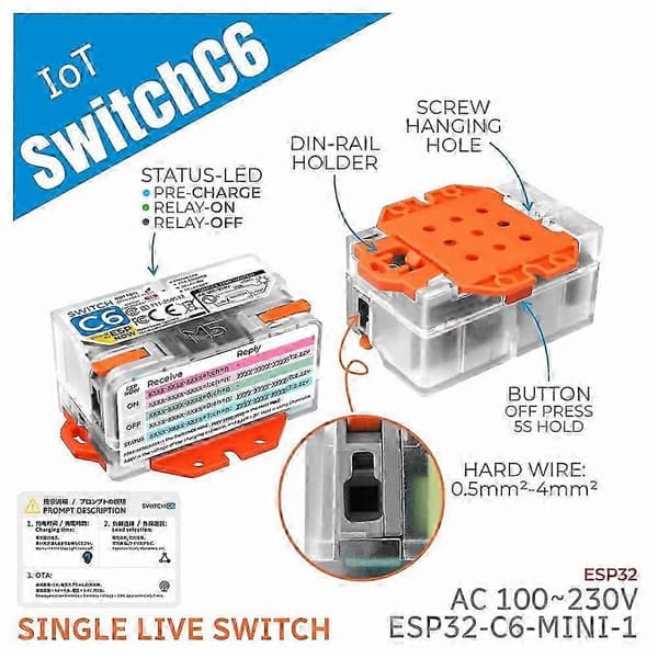SwitchC6 IOT enkelt live-ledning Wi-Fi Smart Switch ESP32-C6 Latching Relay AC100-230V Input ESP-NOW C top