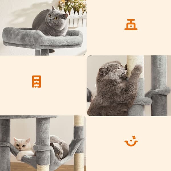 【YD】Cat Tree with Den and Hammock – 143 cm - Light Grey
