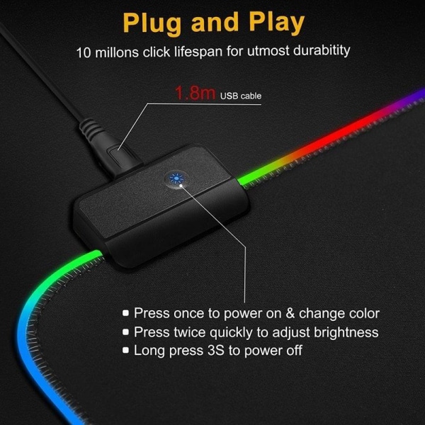 Gaming Mousepad med LED lys - RGB - Vælg størrelse Black 80x30 cm