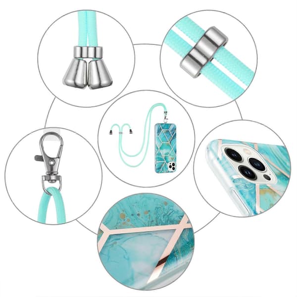 For iPhone 15 Pro Galvanisering Skjøting Marmormønster IMD TPU Støtsikkert Deksel med Halsstropp Blue