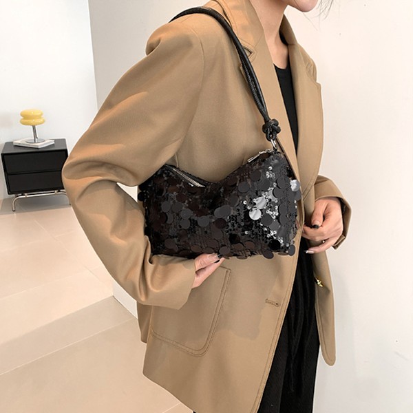 Fashionabel Glitter Paljett Axelväska för Kvinnor - Multifunktionell Handväska för Daglig Användning, Fester, Arbete och Resor i Svart, One Size.