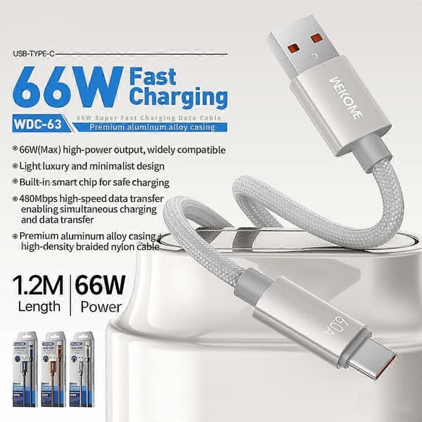 WK WDC-63a 66W USB-Type-C-pikalatausdatakaapeli, pituus: 1,2 m Black
