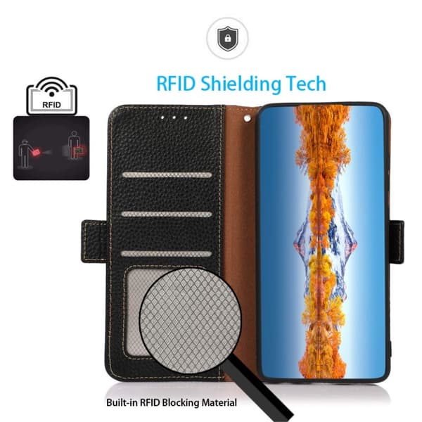 【YD】KHAZNEH Galaxy S23 Etui RFID Litchi Ægte Læder Sort 85
