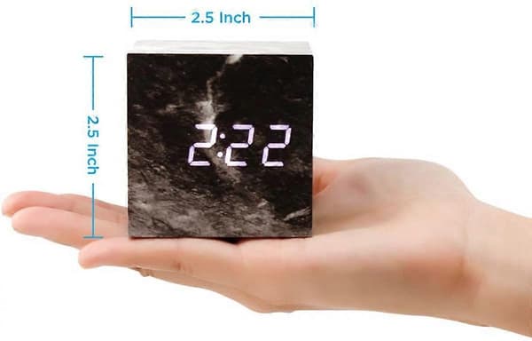 Marmor mønster vækkeur, mode multifunktionelt LED vækkeur terning med USB strømforsyning, stemmestyring, timer, termometer - sort