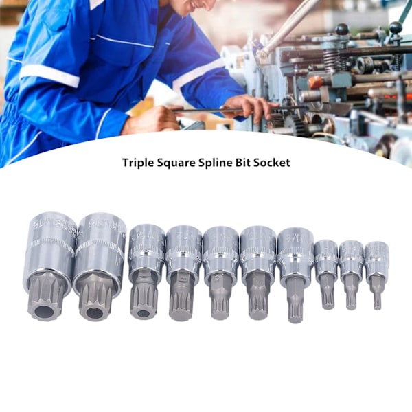10-delers sett med trippel firkant spline bit-piper (M4 til M18) med oppbevaringsboks for 1/4\", 3/8\" og 1/2\" fester