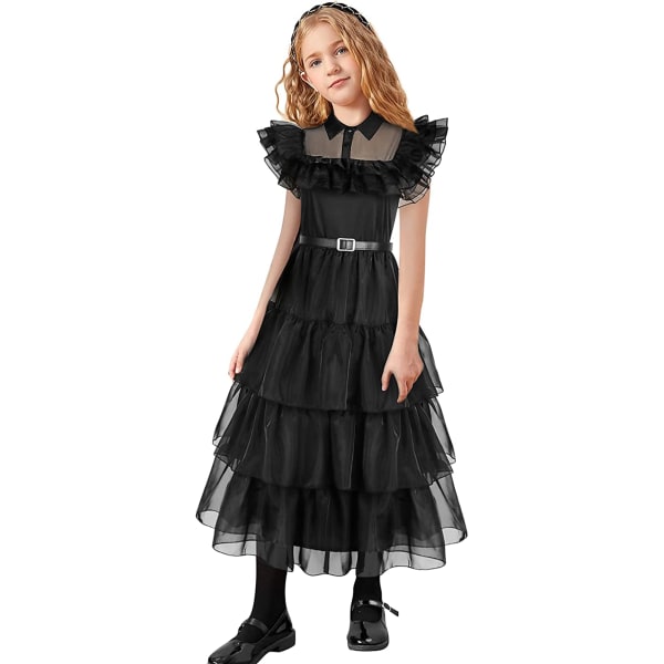 Barn Addams svart kjole jente onsdag halloween cosplay kostyme 150cm