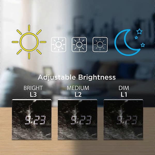 Marmor mønster vækkeur, mode multifunktionelt LED vækkeur terning med USB strømforsyning, stemmestyring, timer, termometer - sort