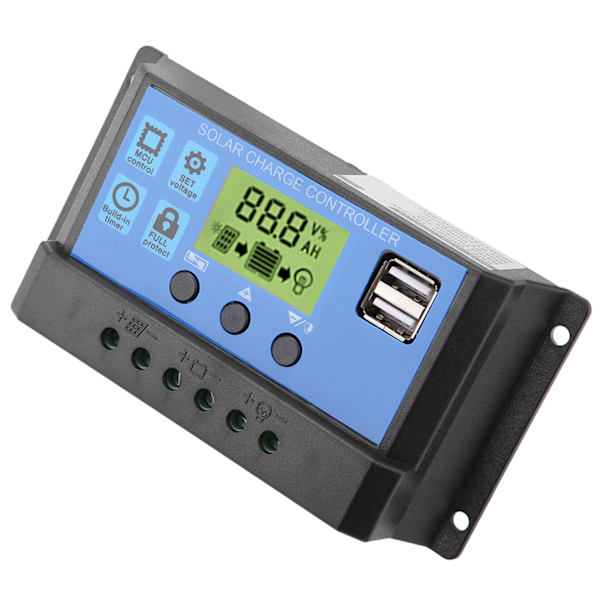 12V 24V Dobbel USB Solcellepanel Laderegulator Regulator LCD-skjerm 10A - Svart/Gul