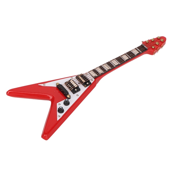 Miniatyr Röd Elgitarr Replika - Mini Musikalisk Instrumentmodell i Trä för Dockskåpsdekoration, 14cm