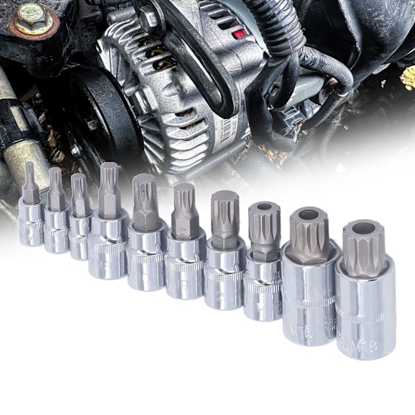 10-delers sett med trippel firkant spline bit-piper (M4 til M18) med oppbevaringsboks for 1/4\", 3/8\" og 1/2\" fester