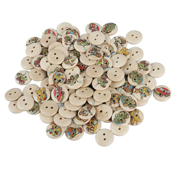 100 stk Assorterte Trykte Treknapper - 2 Hull Runde Dekorative Treknapper for Syarbeid - Loggfargede Biler