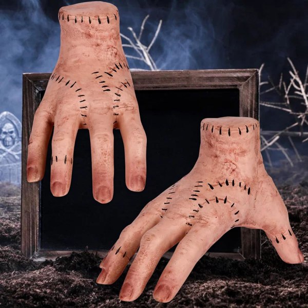 Halloween Decorations Thing Hand, 2 ST Onsdags Latex Palm Realistiska skrämmande rekvisitadekorationer, onsdag Addams Family Hand för onsdagens temafest