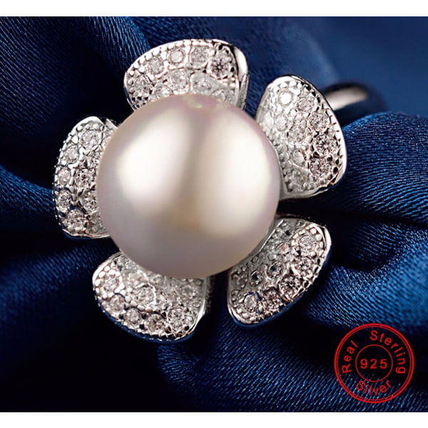 8mm Pearl Charm Flower Rings Women 925 Sterling Silver